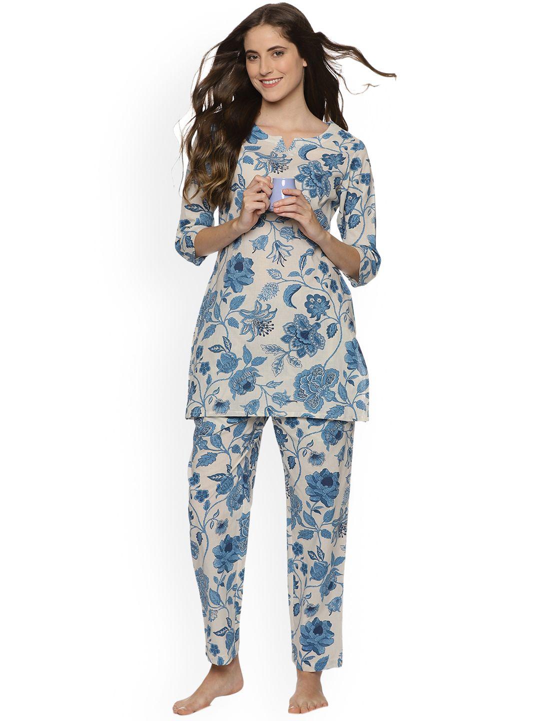 palakh women off white & navy blue printed night suit