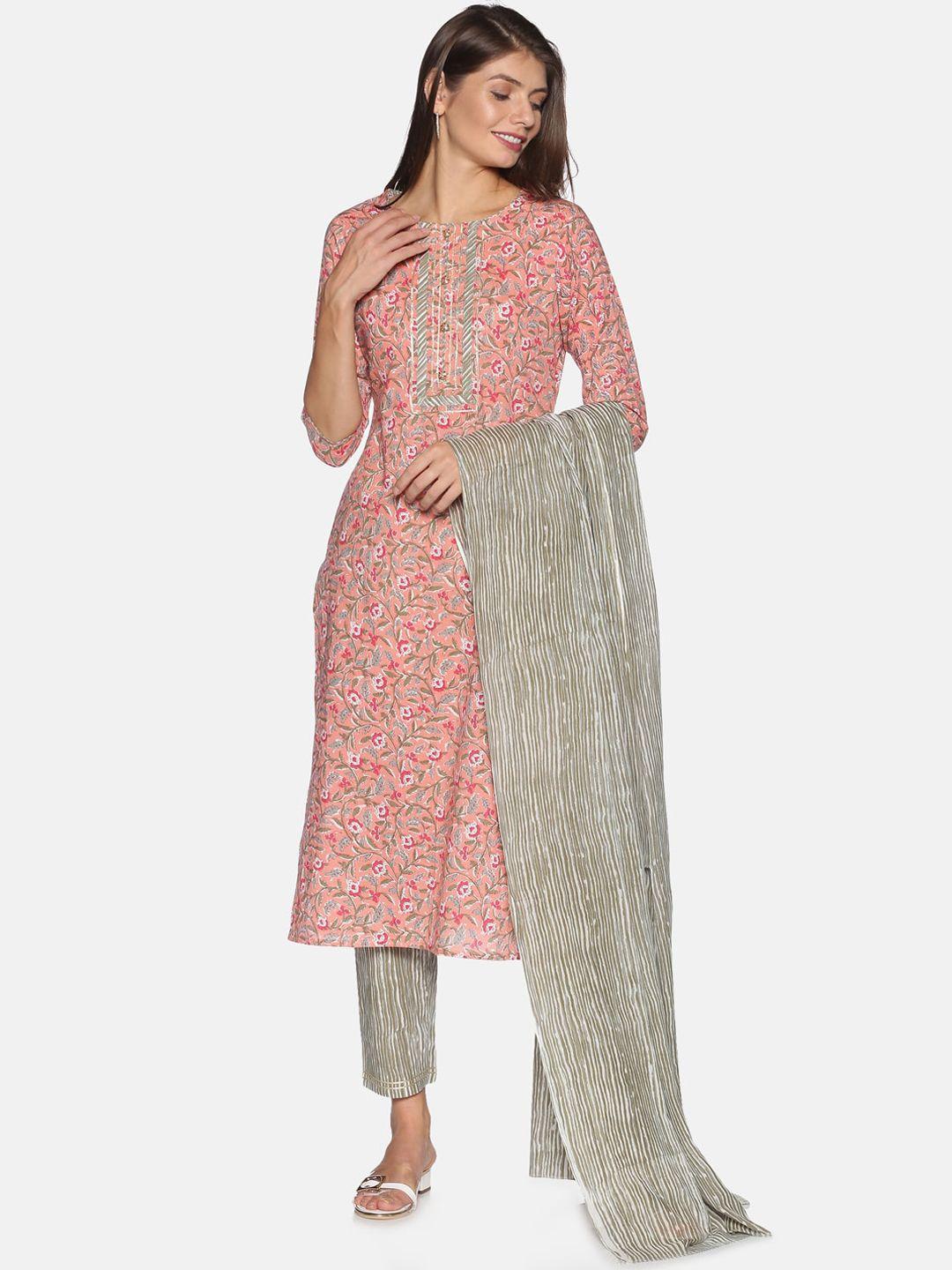palakh women peach-coloured floral printed regular pure cotton kurta with trousers & with dupatta