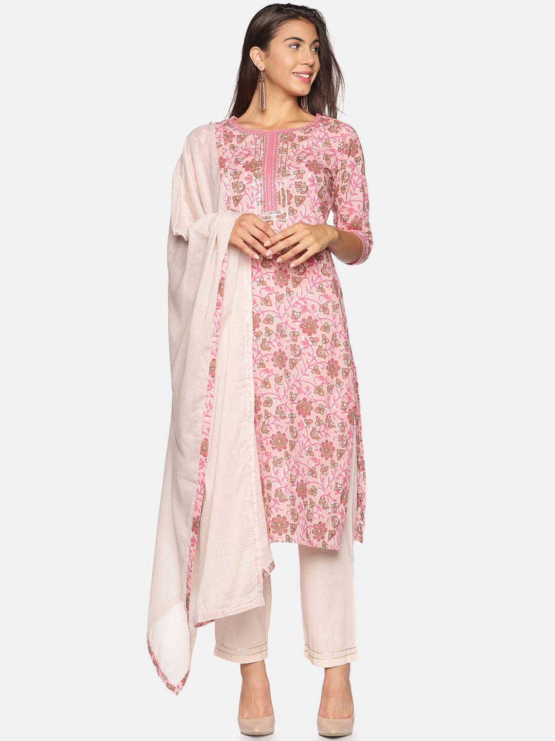 palakh women pink & off-white floral printed pure cotton kurta with trousers & dupatta