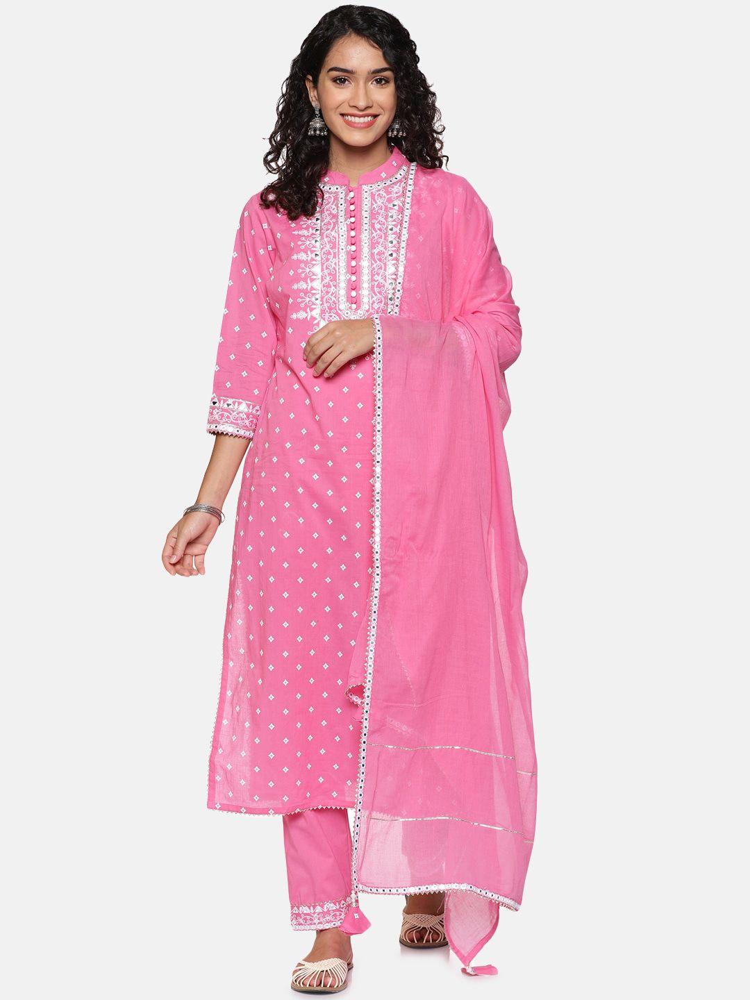 palakh women pink ethnic motifs printed panelled pure cotton kurta with trousers & with dupatta