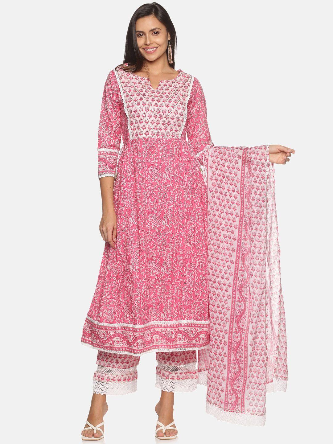 palakh women pink printed pure cotton kurta with palazzos & with dupatta