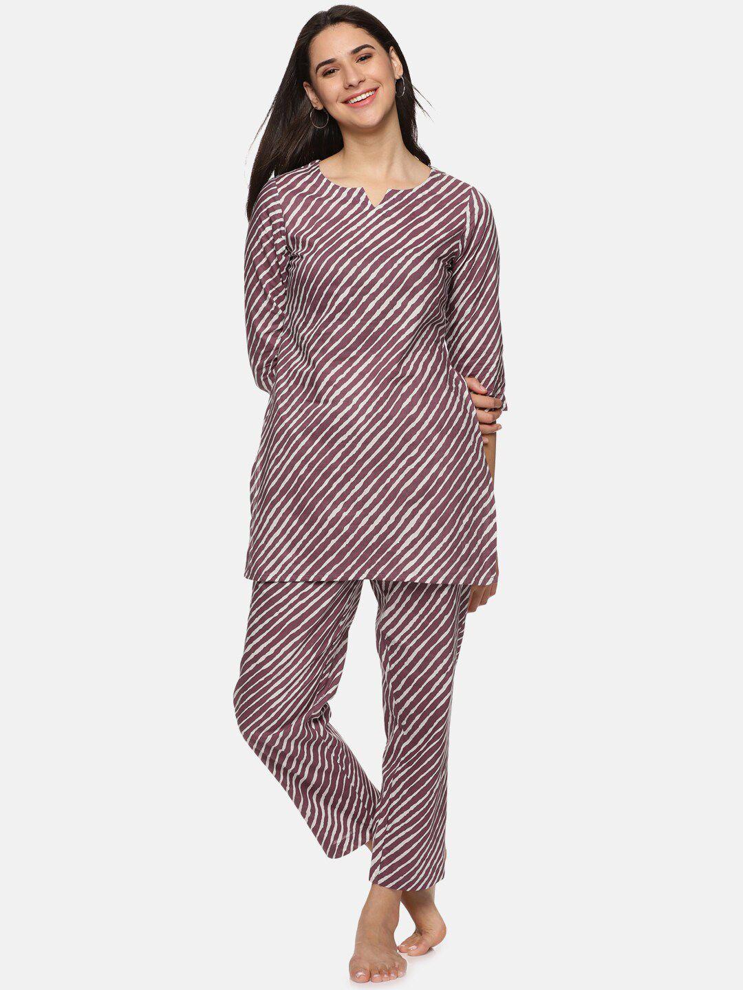 palakh women purple & white printed pure cotton night suit