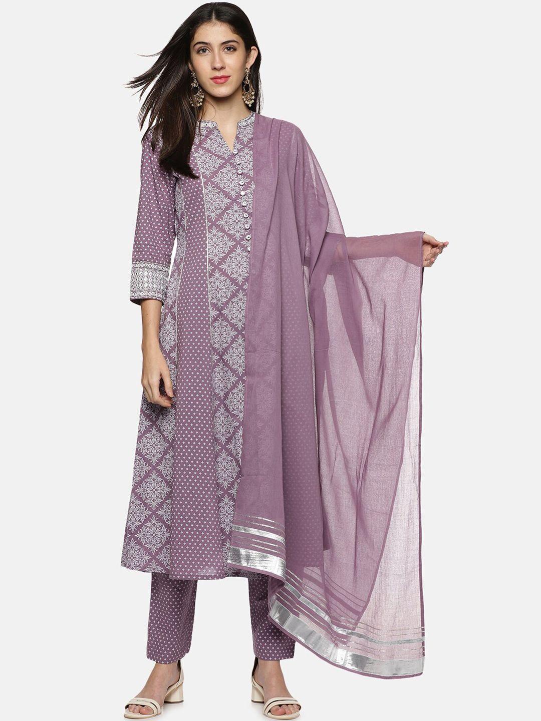 palakh women purple floral printed pure cotton kurta with trousers & with dupatta