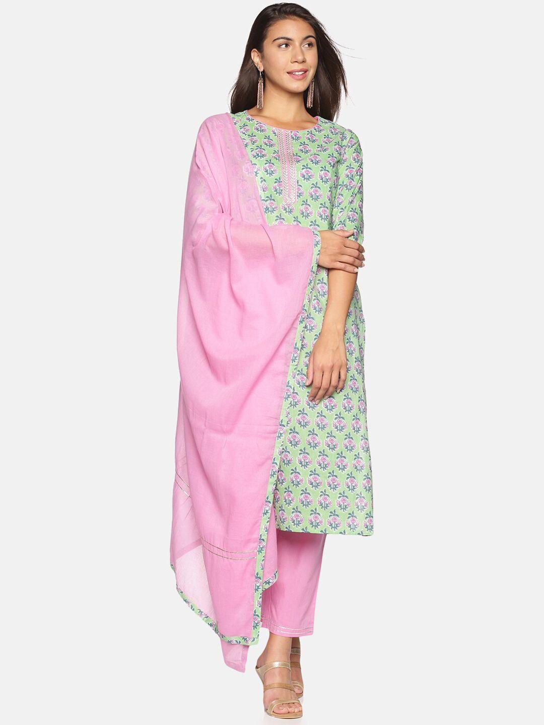 palakh women sea green floral printed thread work pure cotton kurta with trousers & with dupatta