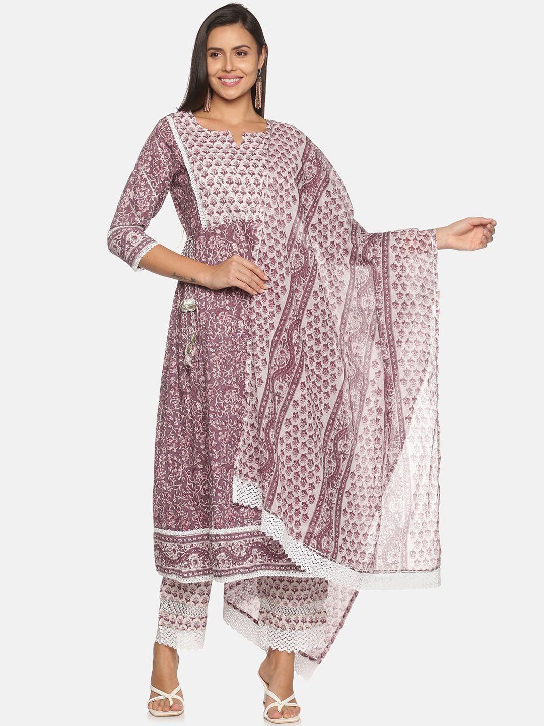 palakh women violet floral printed pleated pure cotton kurta with trousers & with dupatta