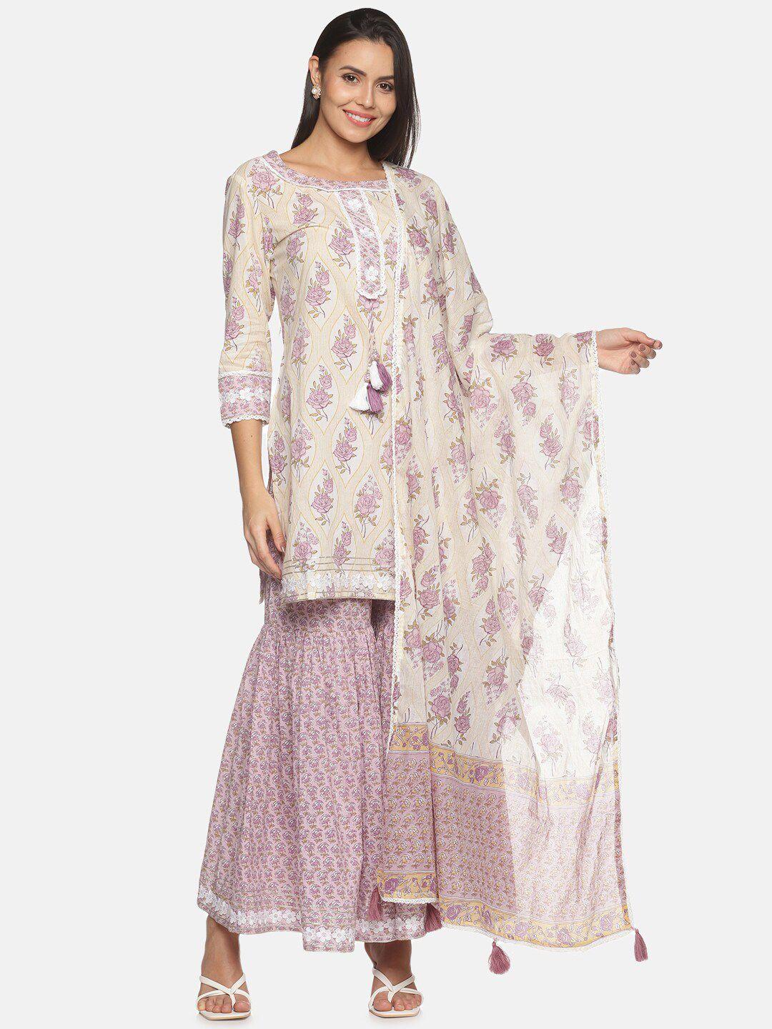 palakh women white floral printed pure cotton kurti with sharara & with dupatta