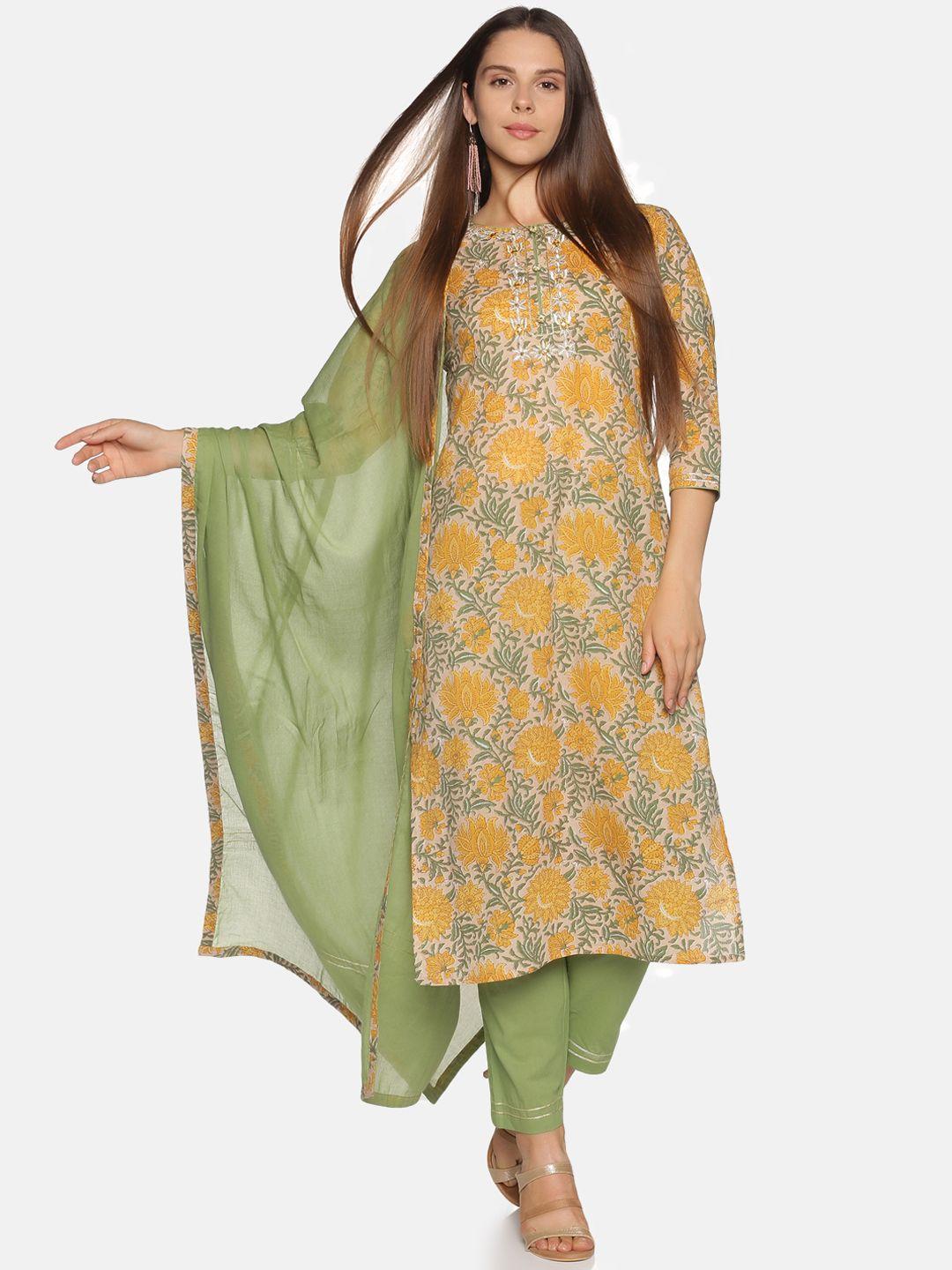 palakh women yellow & green floral printed pure cotton kurta with trousers & dupatta