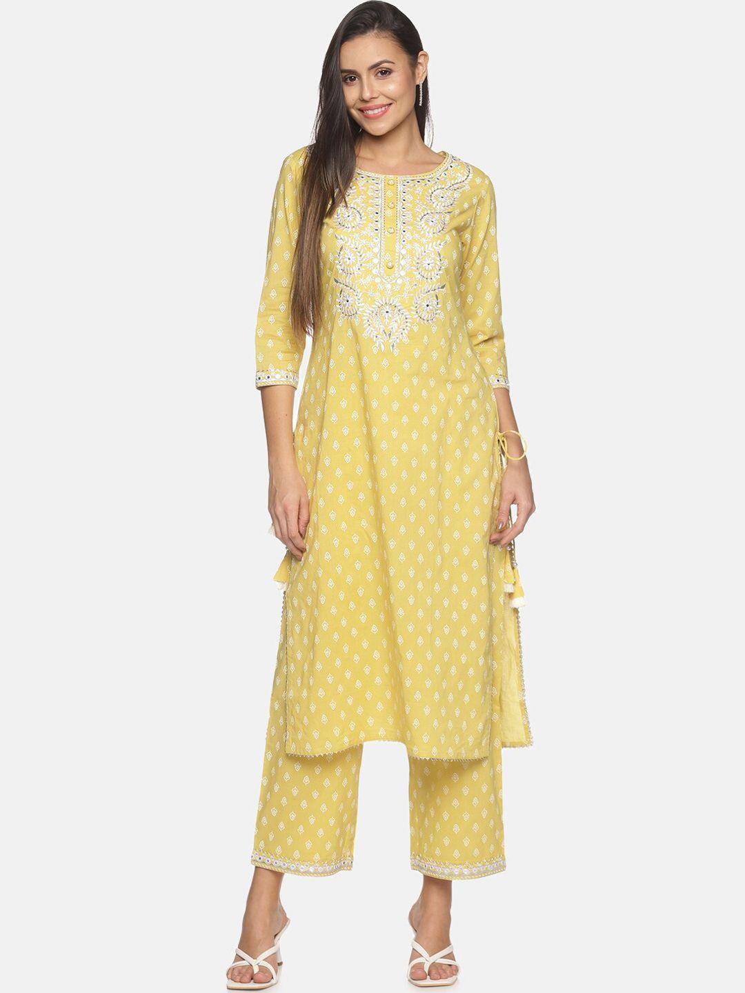 palakh women yellow & white ethnic motifs screen printed pure cotton kurta with trousers