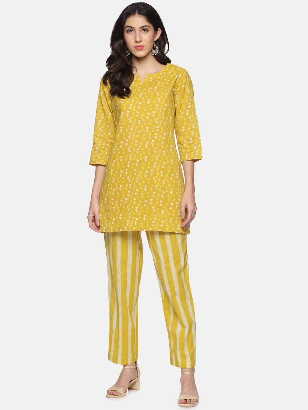 palakh women yellow & white printed night suit