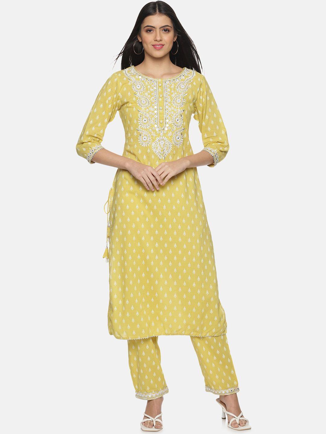 palakh women yellow floral printed beads and stones pure cotton kurta with trouser