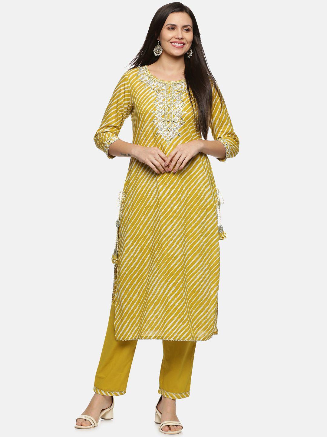 palakh women yellow leheriya printed thread work pure cotton kurta with trouser