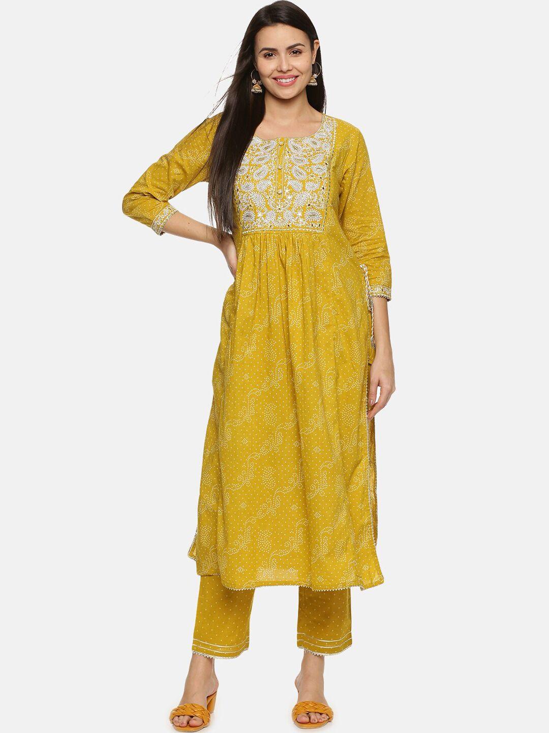 palakh women yellow paisley printed pleated thread work pure cotton kurta with trousers