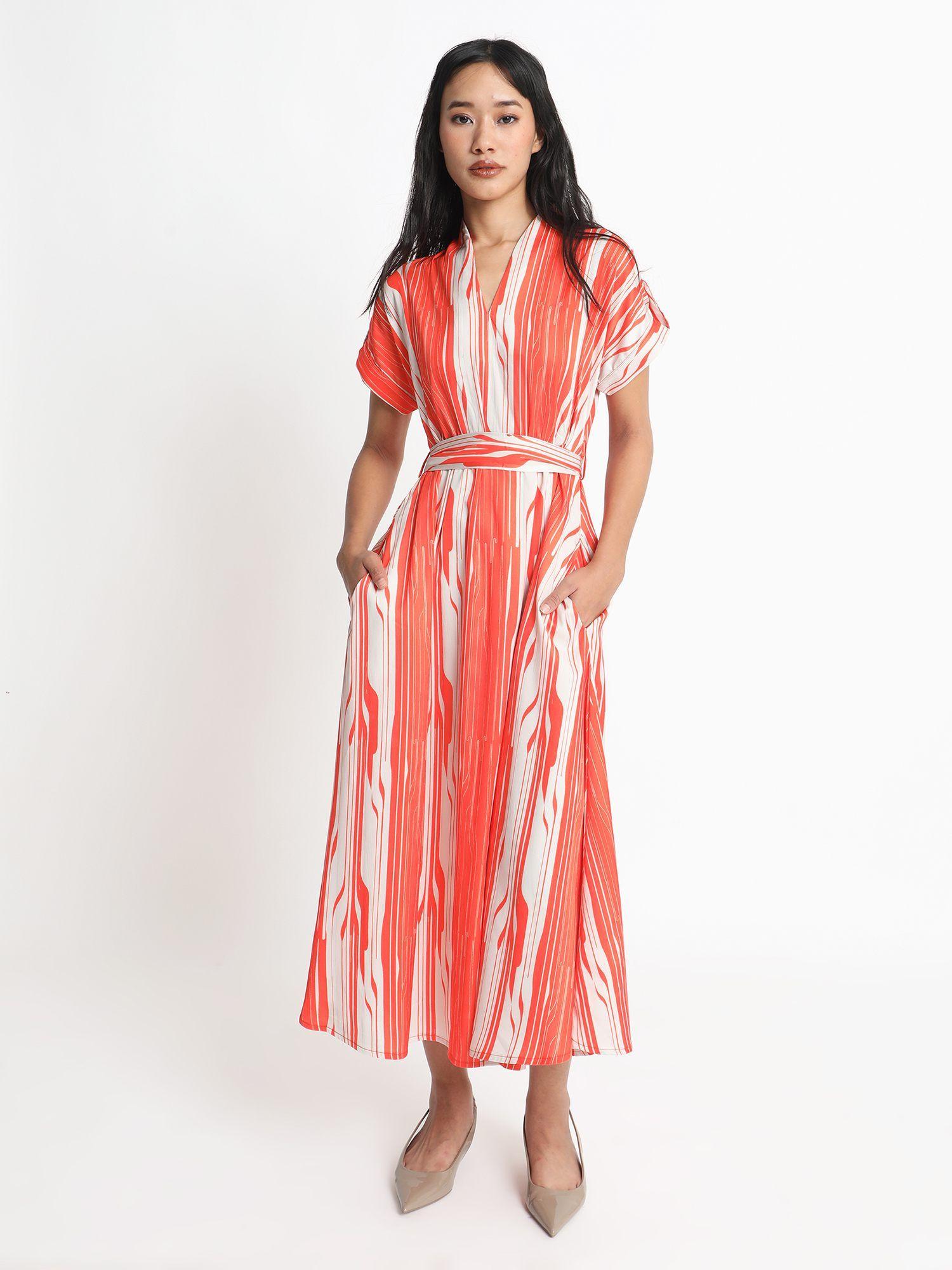 palbe print a-line dress with belt (set of 2)