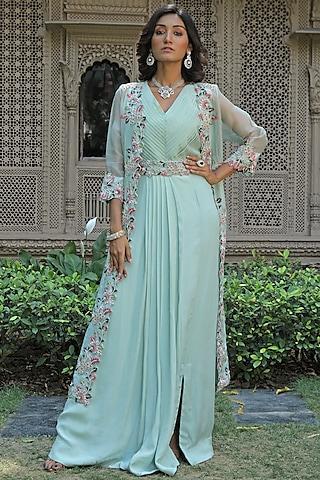 pale blue embroidered gown with jacket