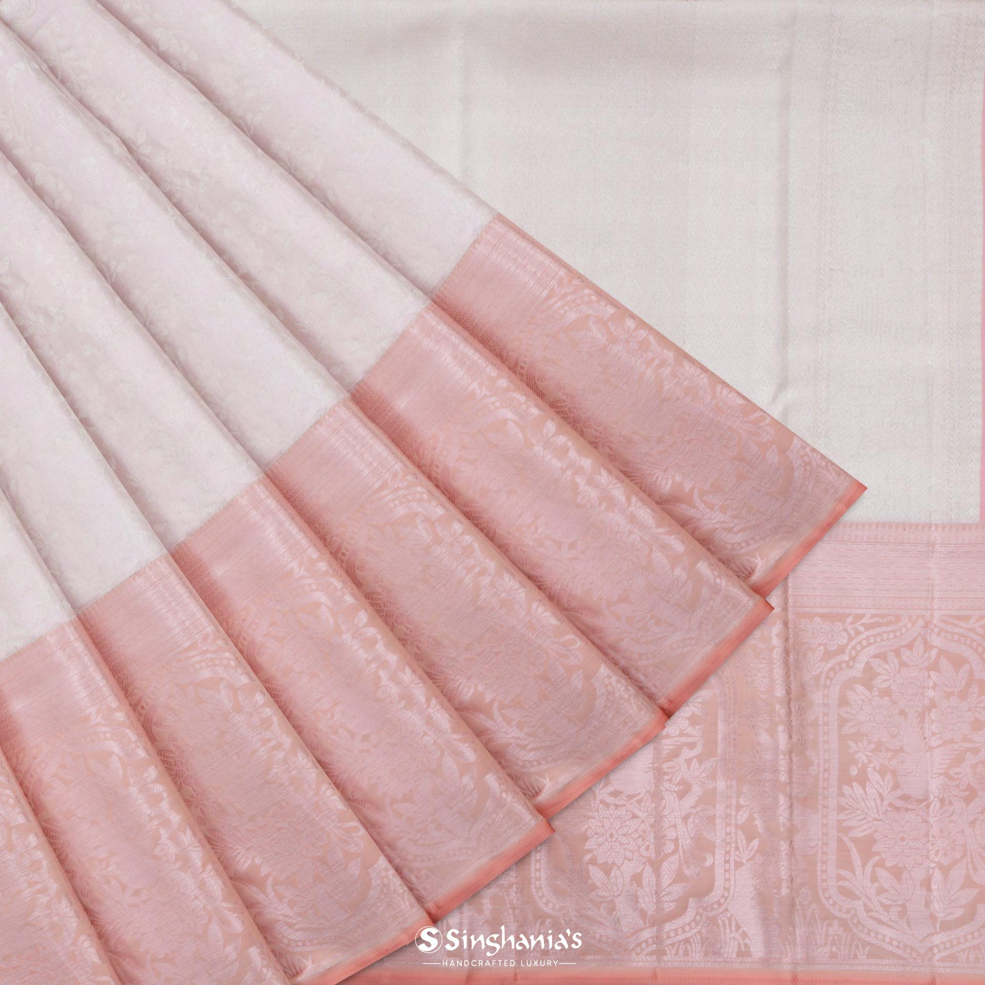 pale pink white kanjivaram silk saree with floral jaal pattern