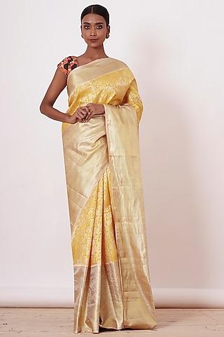 pale yellow embroidered handwoven saree set