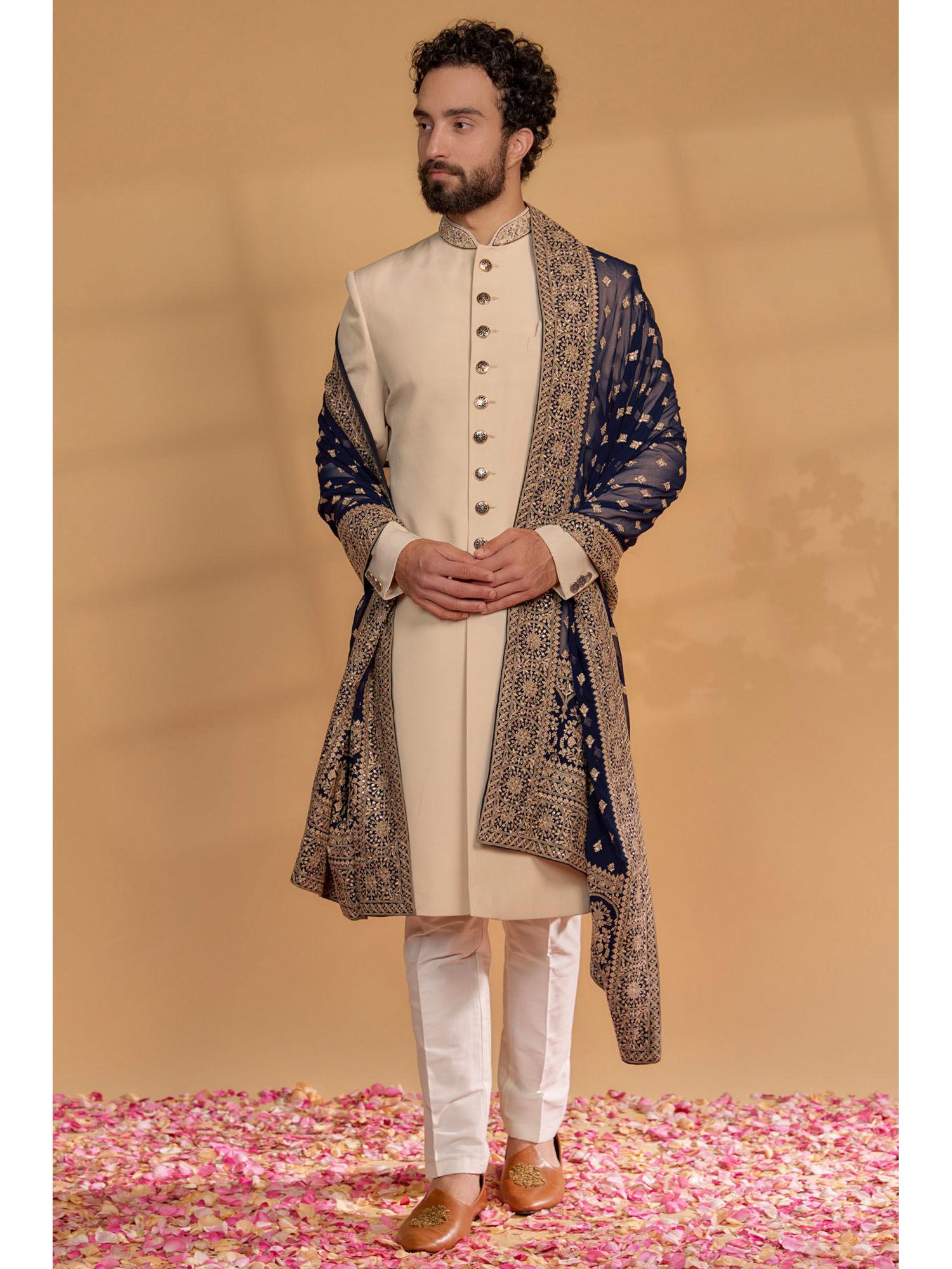 pale beige italian suiting sherwani and pant (set of 3)