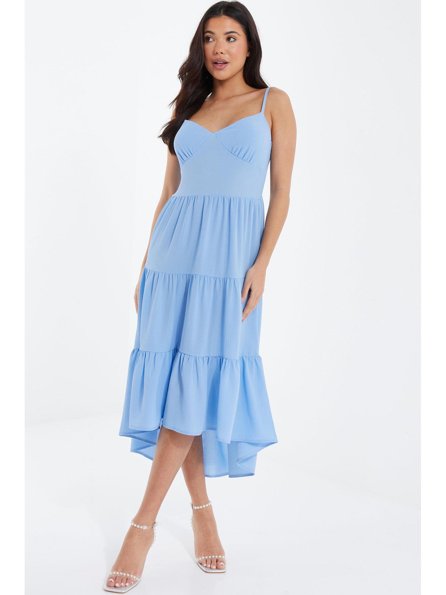 pale blue crepe dip hem stripy dress