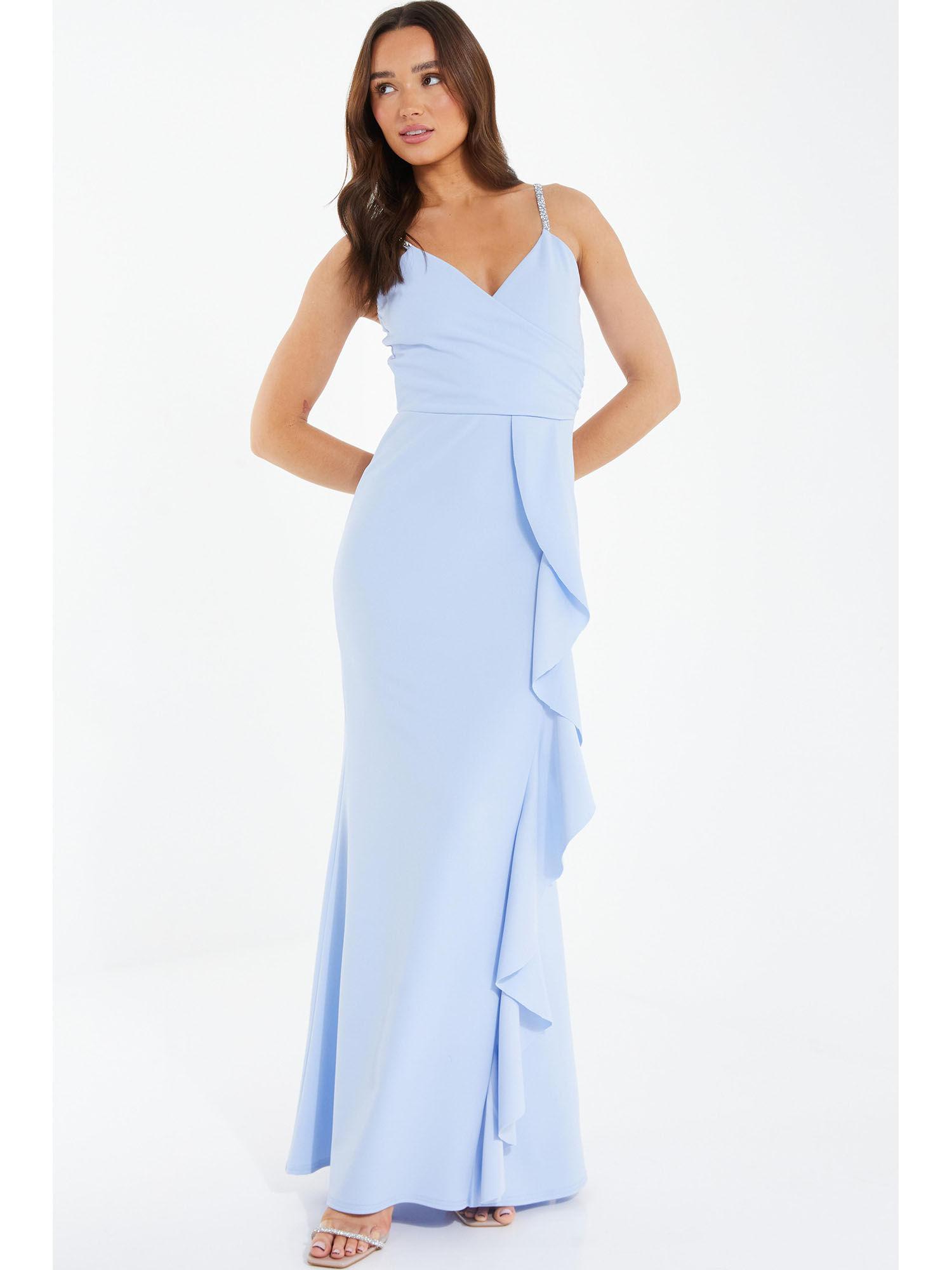 pale blue scuba crepe embellished strap maxi dress