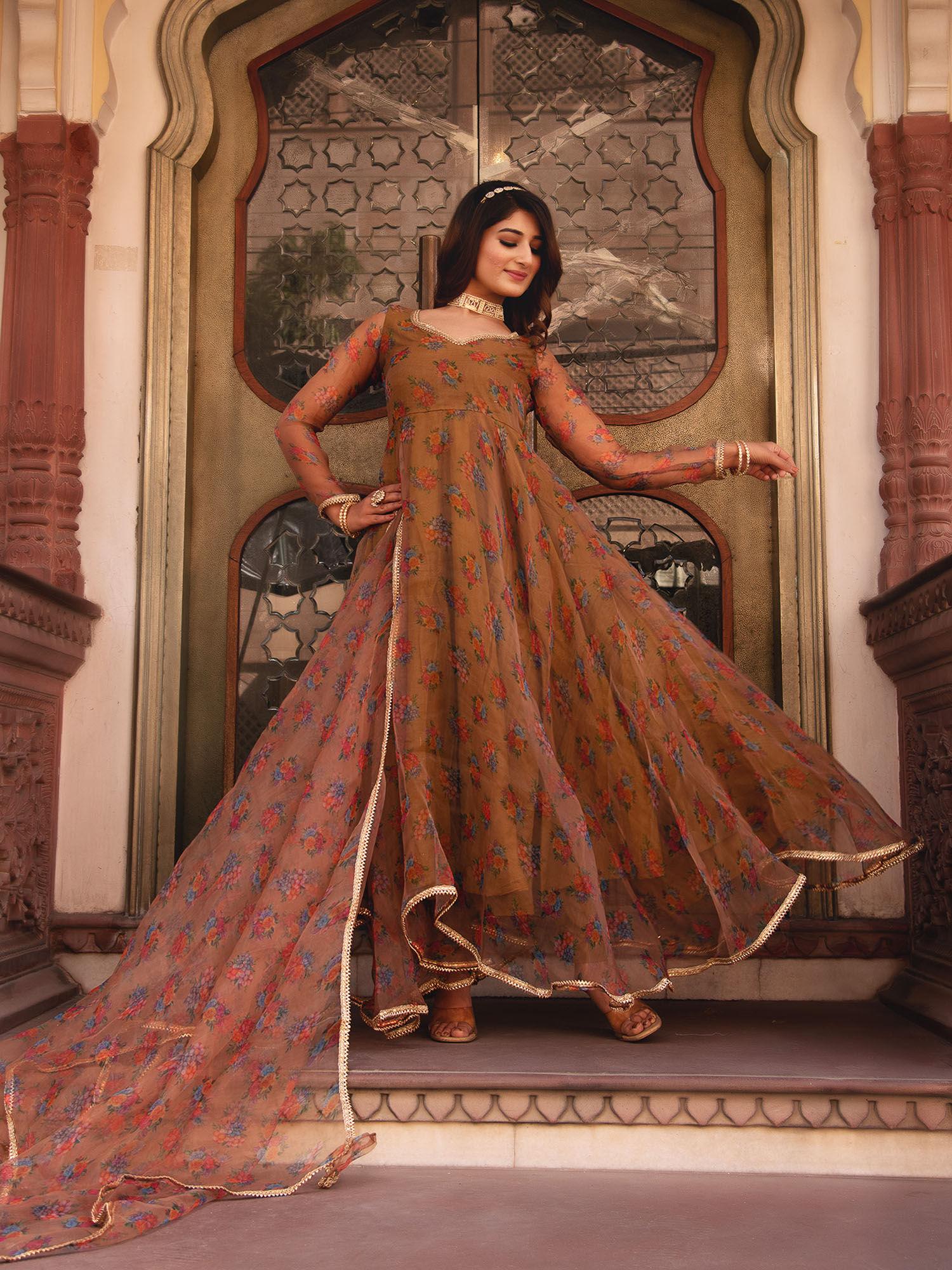 pale brown gotapatti organza anarkali suit (set of 3)