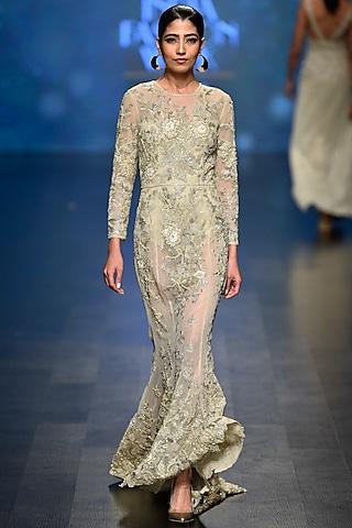 pale gold beads and sequins embroidered gown with bodysuit