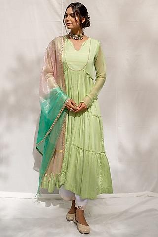 pale green chanderi blend anarkali set