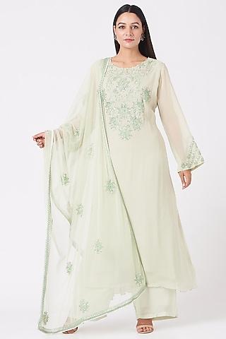 pale green embroidered a-line kurta set