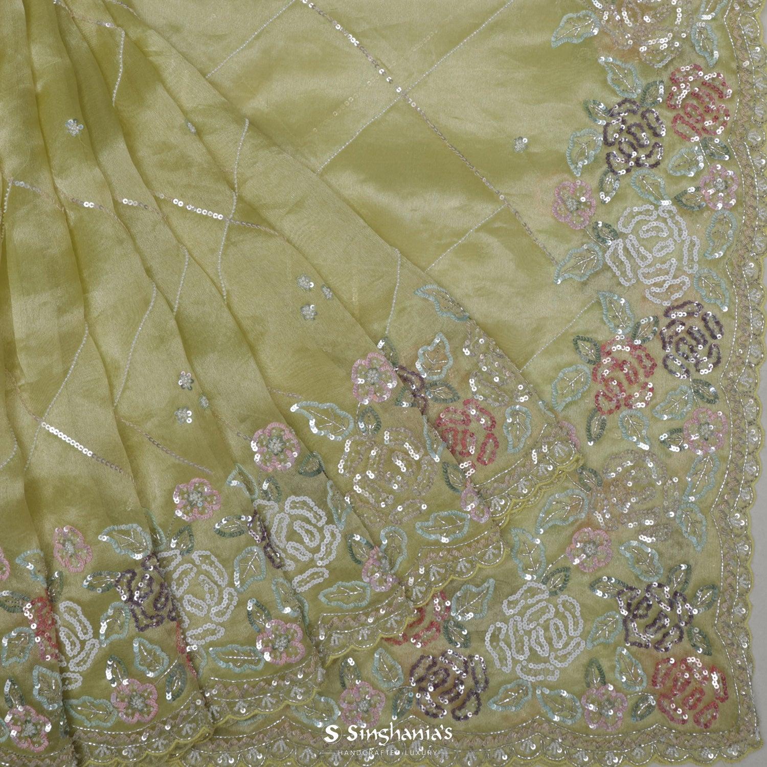 pale green tissue organza saree with hand embroidery