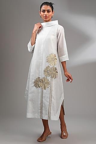 pale grey chanderi embroidered midi a-line dress