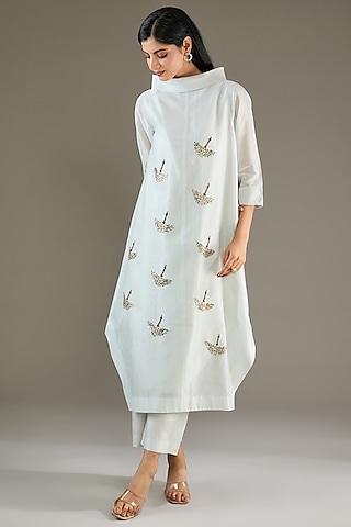 pale grey chanderi sequins hand embroidered tunic set