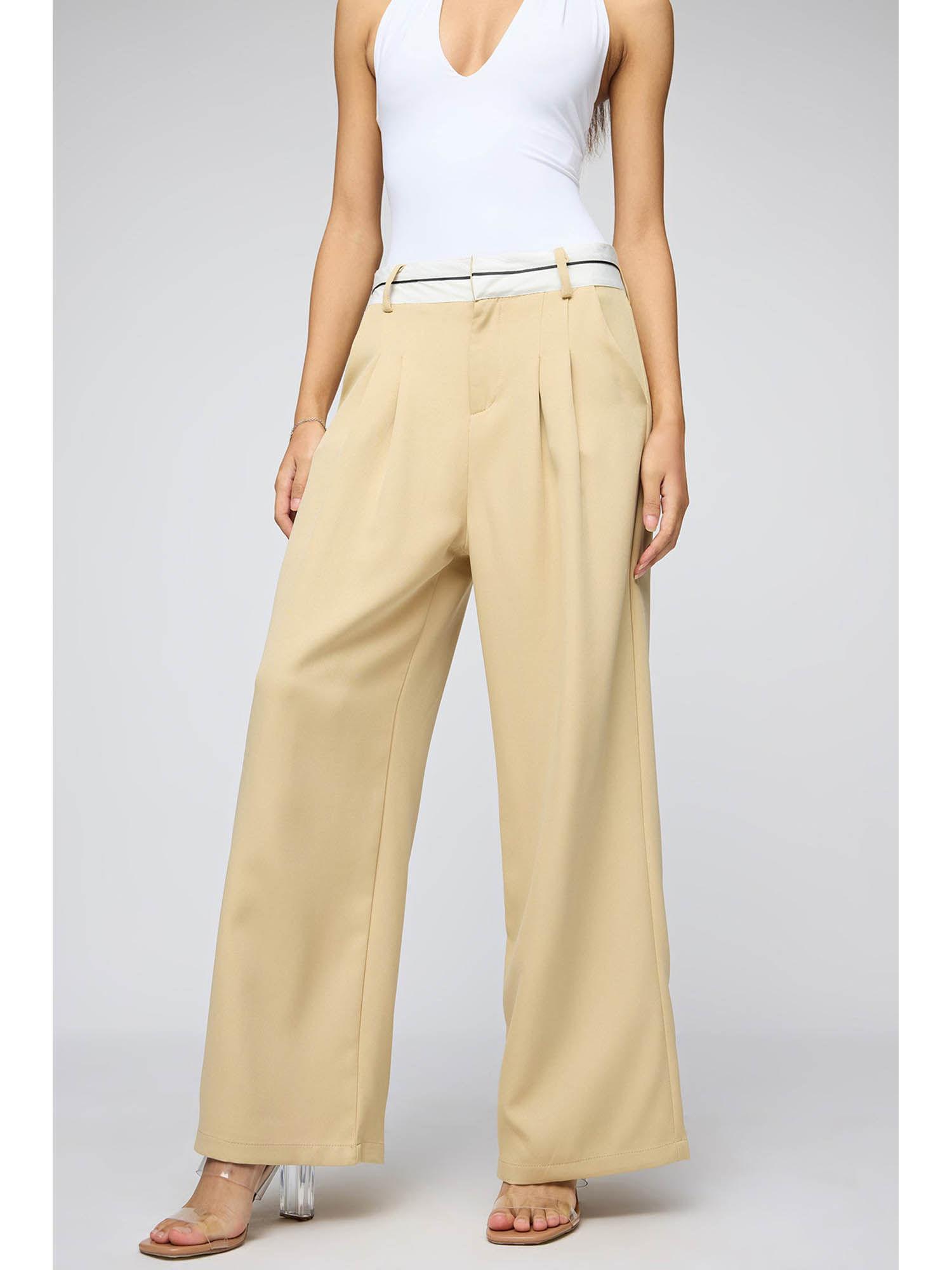 pale khaki contrast waist korean pants