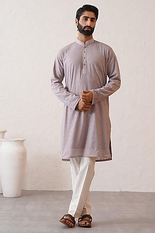 pale mauve banarasi cotton silk thread embroidered kurta set