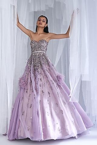 pale mauve silk satin embellished gown with belt
