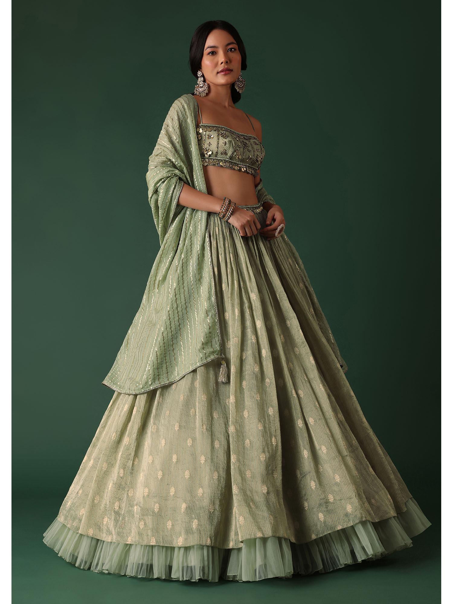 pale olive green lehenga & blouse in banarasi silk with dupatta (set of 3)