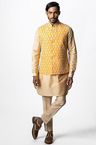 pale orange printed & embroidered nehru jacket