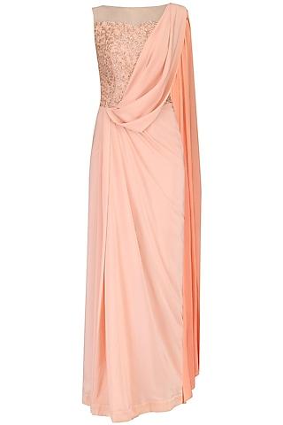 pale peach net & crepe cutdana embellished draped saree