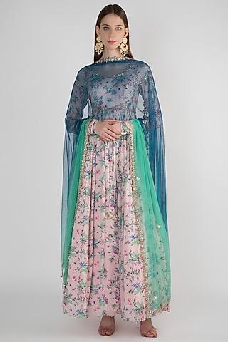 pale pink anarkali with shaded blue dupatta