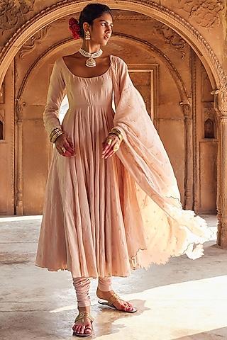 pale pink cotton mul embroidered kalidar anarkali set