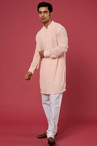 pale pink cotton polyester embroidered kurta set for boys