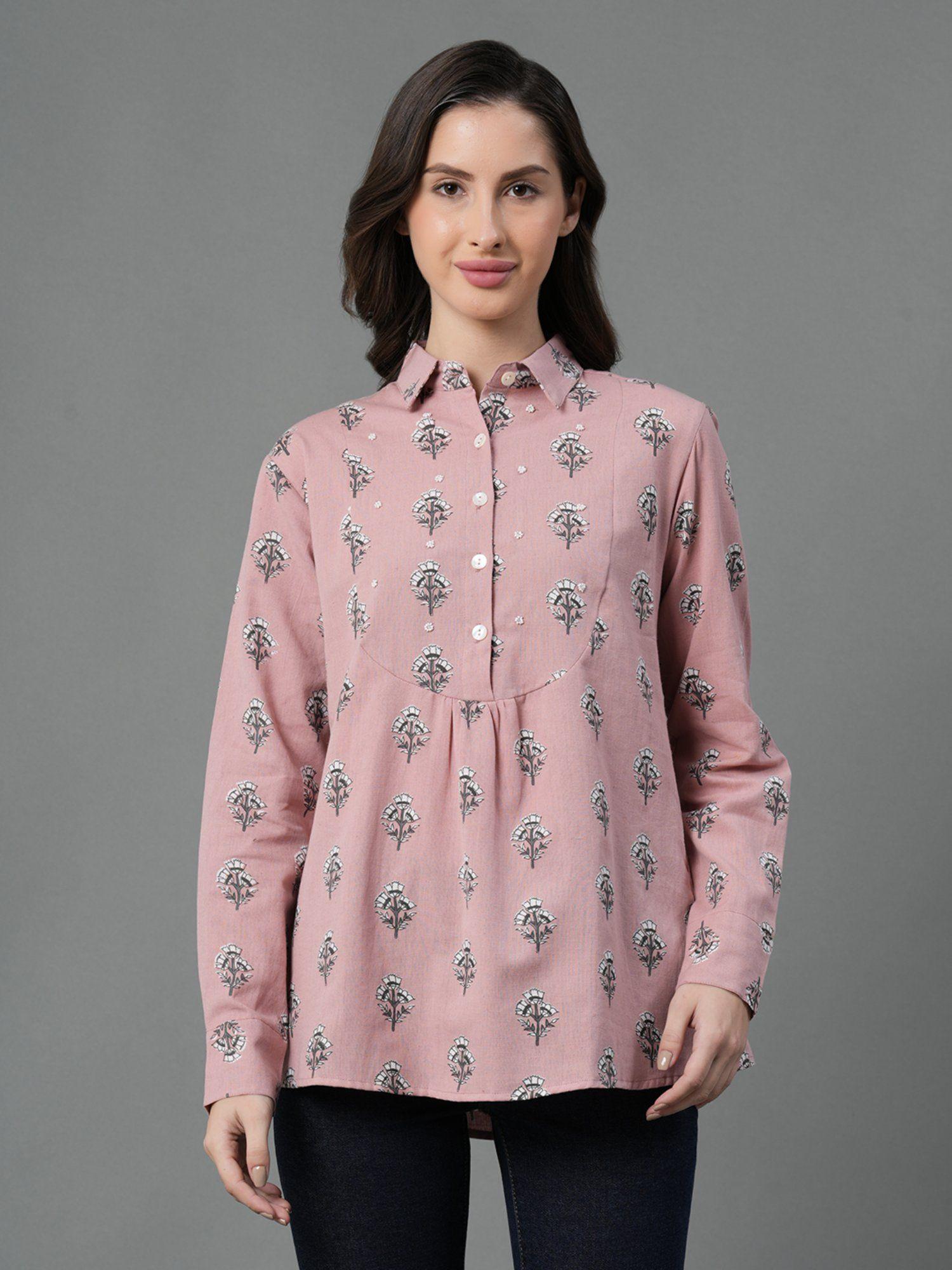 pale pink floral print pure cotton womens blouson top