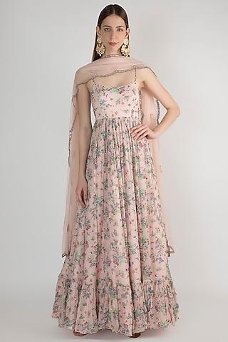 pale pink floral printed anarkali with dupatta