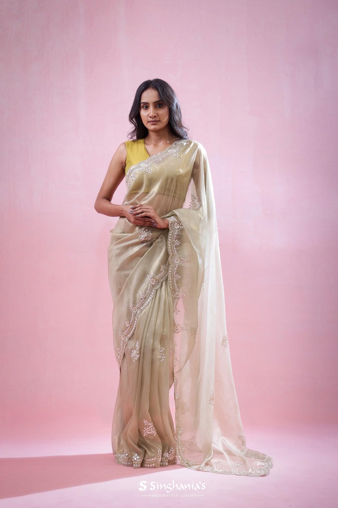 pale pistachio green tissue organza saree with hand embroidery