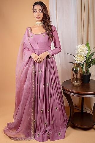 pale plum machine & hand embroidered jacket anarkali set