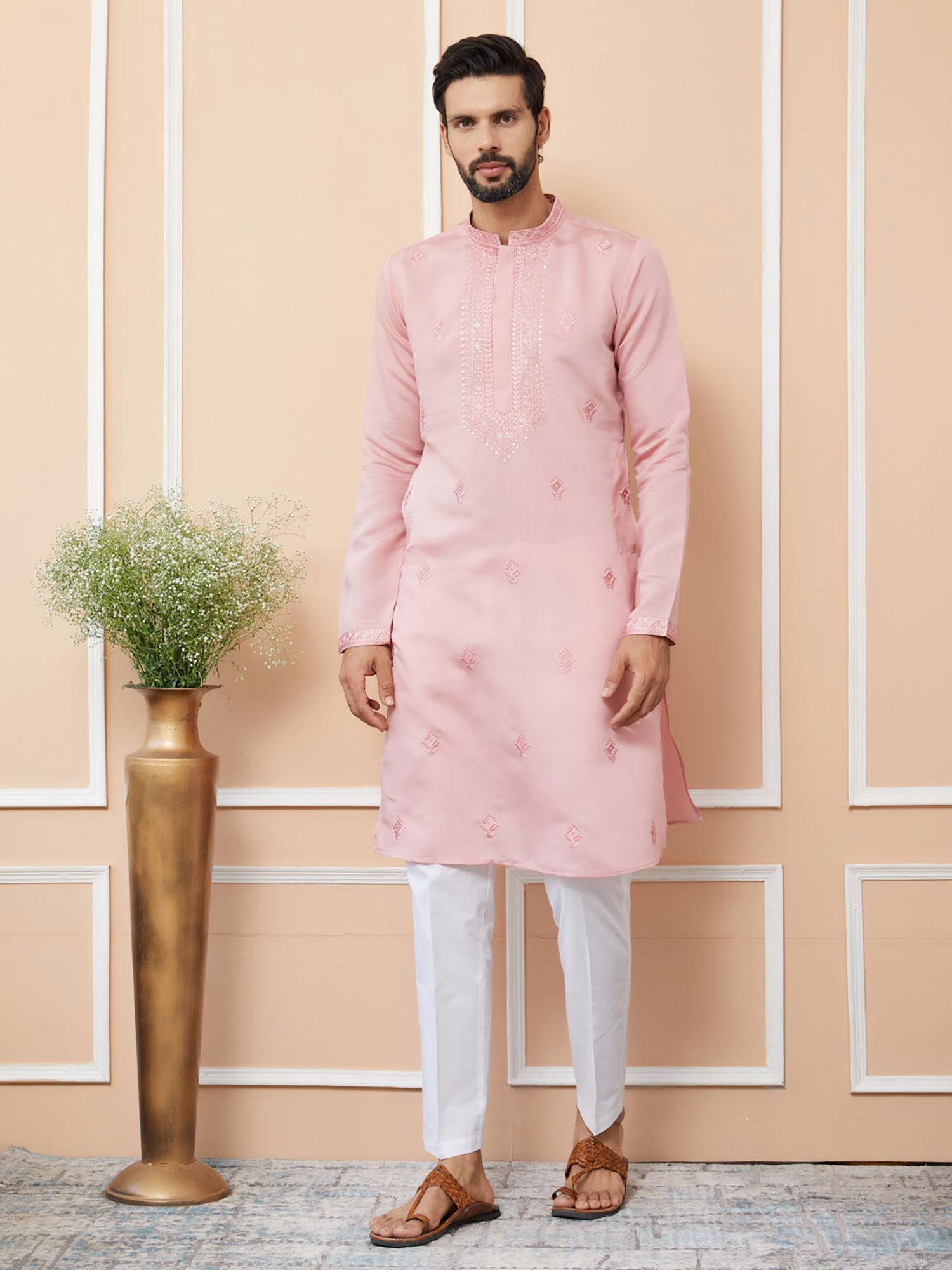 pale rose embroidered chanderi silk straight kurta with pyjama (set of 2)