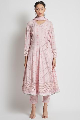 pale salmon hand block printed anarkali set