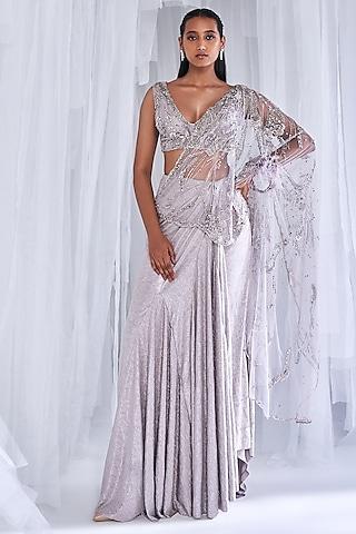 pale silver metallic & woven lycra satin embellished draped gown saree set