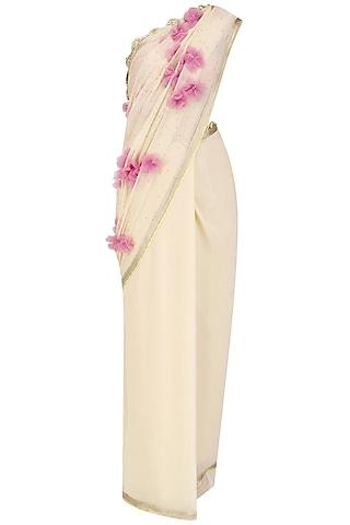 pale taupe 3d tulle flowers saree and blouse set