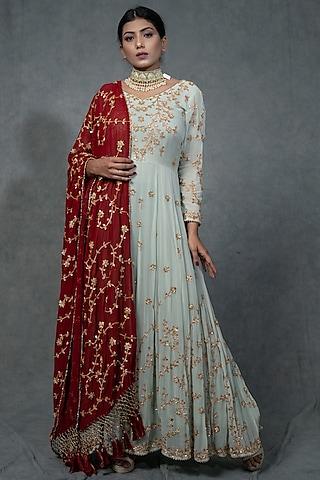 pale turquoise hand embroidered anarkali set