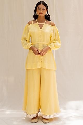 pale yellow chanderi blend short kurta set