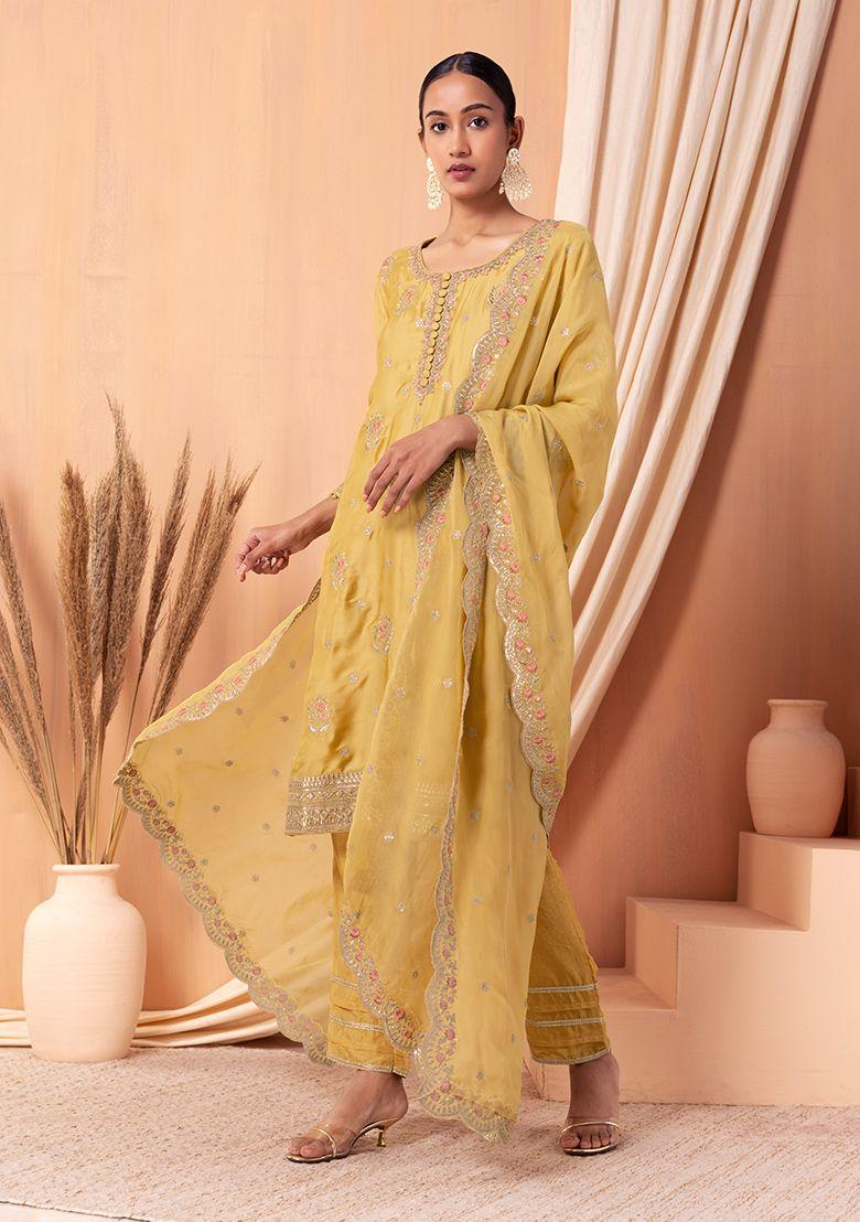 pale yellow floral boota embroidered kurta set with pants and dupatta